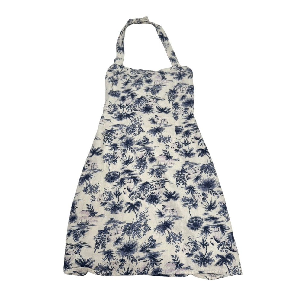 Abercrombie & Fitch Blue White Tropical Toile Linen Blend Halter Mini Dress XS